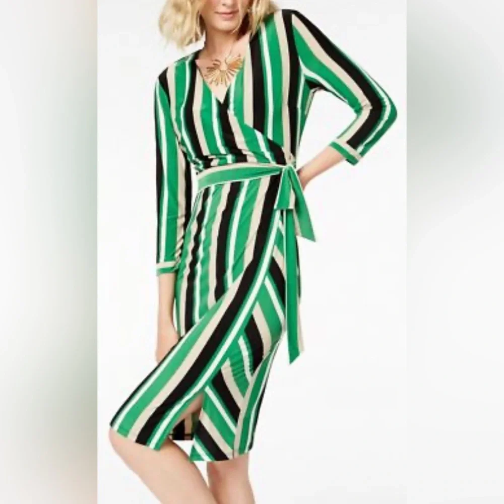 INC International Concepts Elegant Striped Black, Green, Taupe, White Wrap Dress - Picture 1 of 6